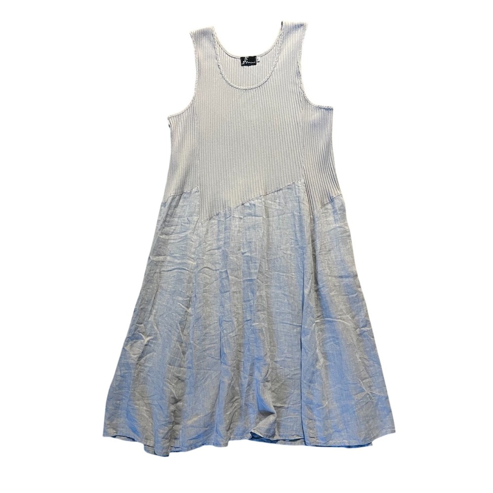Fenini Mixed-Media Tie Dress XXL Gray Linen Cotton Boho Lagenlook Artsy USA